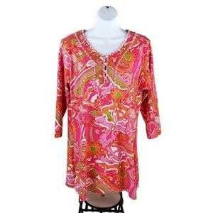 Soft Surroundings Pink Orange Print 3/4 Sleeve Embellished Tunic Top Womens L